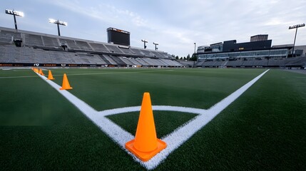 An empty soccer stadium is prepared for practice with orange cones marking the field s corner