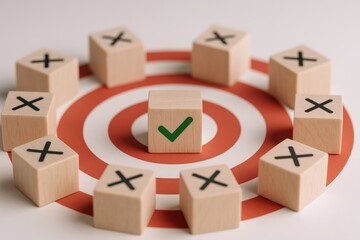 Green Checkmark on Block Surrounded by Xs on Target, Symbolizing Success and Achievement