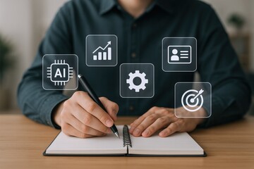 AI Integration and Business Strategy: Man Planning with Artificial Intelligence Icons on a Notebook