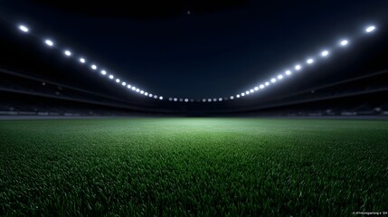Naklejka premium A night time panorama of an empty football stadium with bright spotlights illuminating the green grass field creating a dramatic atmosphere