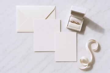 Elegant Wedding Invitation Mockup with Rings and Ribbon on Marble Background, Blank Stationery