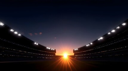 Fototapeta premium Dramatic sunset or sunrise illuminates a large sports stadium with bright lights and golden rays on the horizon