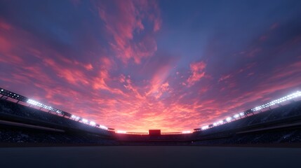 A sports stadium at sunset with dramatic red and purple clouds above bright stadium lights