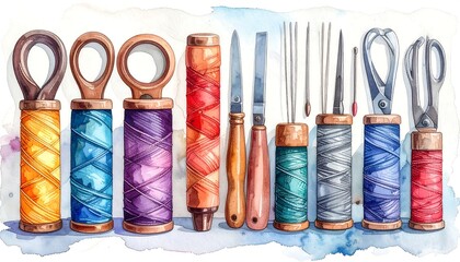 Watercolor illustration of sewing tools