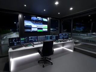 Modern control room with multiple glowing screens and panoramic night views of a stadium
