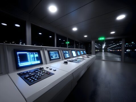 A futuristic control room console with glowing blue screens and ope nal equipment