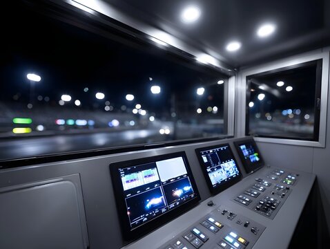 High tech control room interior with glowing monitors displaying data overlooking a blurry night scene