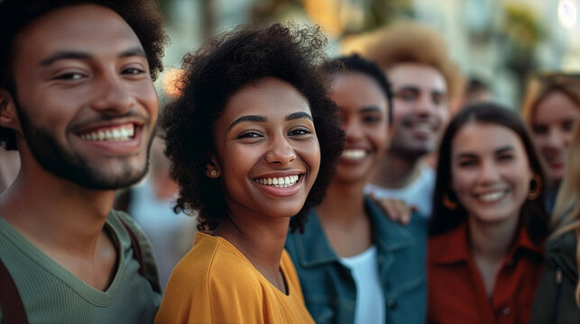 Smiling group of diverse young adults outdoors representing friendship and inclusion.