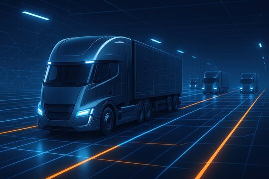 Futuristic Electric Semi-Truck Fleet Driving on Digital Highway, Emphasizing Sustainable Transportation and Modern Technology