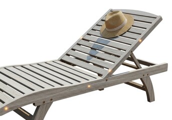 Wooden chaise lounge chair with straw hat on a white background