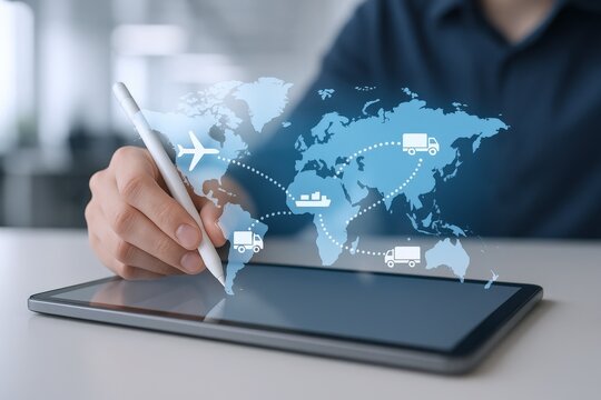 Global Logistics Network Visualization: Person Using Tablet to Manage Supply Chain with Interactive World Map - Powered by Adobe
