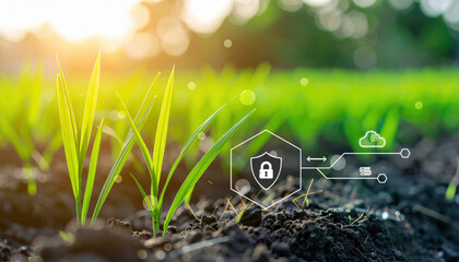 Hopeful smart farming concept with agricultural technology innovation for food security. futuristic idea showing data protection on green seedling field with digital interface
