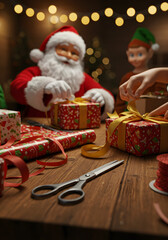 Santa Claus helping elves wrap presents at a large wooden table, close-up on ribbons, scissors, wrapping paper patterns, warm twinkling lights above, high-resolution textures, festive mood - 1