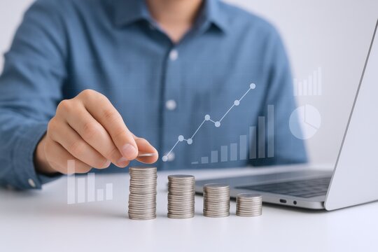 Investment Growth Strategy: Man Stacking Coins with Financial Chart Overlay on Laptop Background, Illustrating Wealth Accumulation