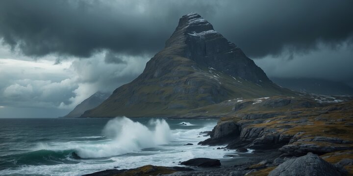 Dramatic Mountain Landscape under Stormy Clouds with Waves Crashing on Rocky Shoreline
