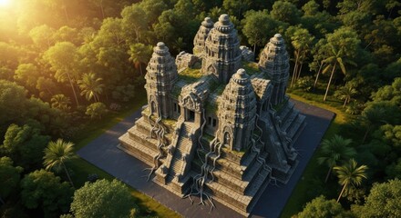 Ancient Stone Temple Surrounded by Dense Tropical Forest at Sunset