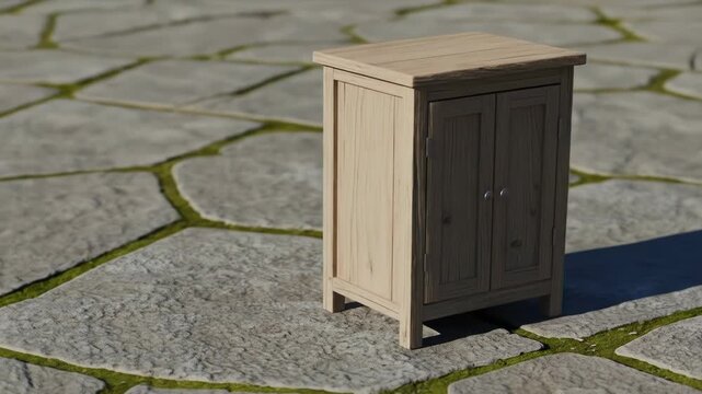 A small wooden cabinet with two doors stands on a stone pathway with moss in the joints