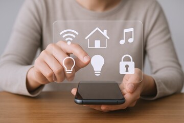 Woman Interacting with Smart Home Interface on Mobile Device, Demonstrating Connectivity and Automation