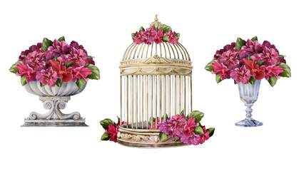 Watercolor vases and golden cage decorated with purple and pink violets and green leaves on white background, composition suitable for wedding invitations, cards and spring designs