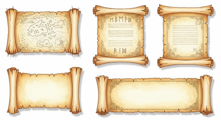 Ancient scrolls and weathered parchment paper documents, historical maps, and decorative vintage banners © Avra