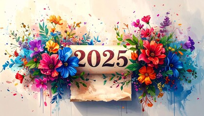 Vibrant floral arrangement encircling '2025' on parchment