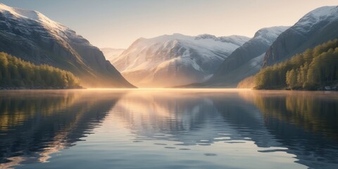 Serene Winter Landscape with Snow-Capped Mountains and Calm Reflective Lake at Sunrise in Northern Wilderness