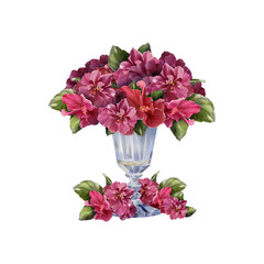 Watercolor glass with purple and pink violets and green leaves on white background, delicate composition suitable for wedding invitations, greeting cards and spring designs