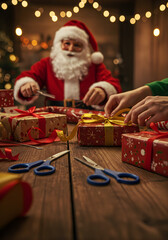 Santa Claus helping elves wrap presents at a large wooden table, close-up on ribbons, scissors, wrapping paper patterns, warm twinkling lights above, high-resolution textures, festive mood - 1