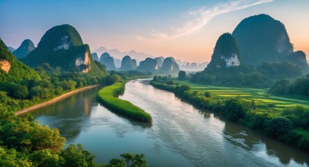 Serene River Landscape Surrounded by Majestic Mountains and Lush Greenery at Dawn in Guilin China