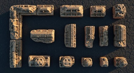 Ancient Carved Stone Blocks Arranged in Rectangular Pattern on Dark Ground