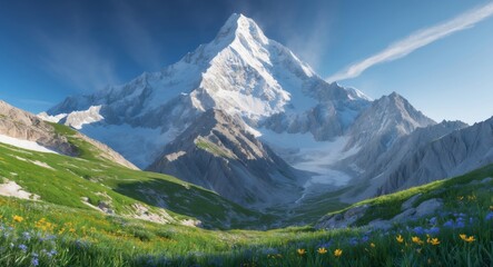 Majestic Snow-Capped Mountain Surrounded by Vibrant Green Meadows and Colorful Wildflowers Under a Clear Blue Sky