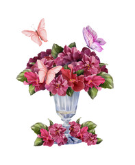 Watercolor glass with purple and pink violets decorated with butterflies on white background, delicate composition suitable for wedding invitations, greeting cards and spring designs