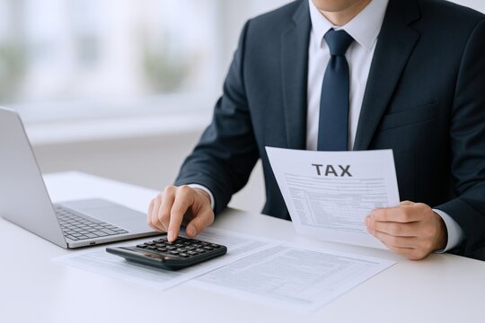 Professional businessman calculating taxes with calculator while holding tax form document for financial analysis