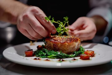 Expert chef enhances gourmet pork dish with vibrant garnishes for a fine dining experience