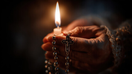 Close up of elderly hand holding lit candle and rosary beads with cross, warm glow illuminates scene, evoking spirituality