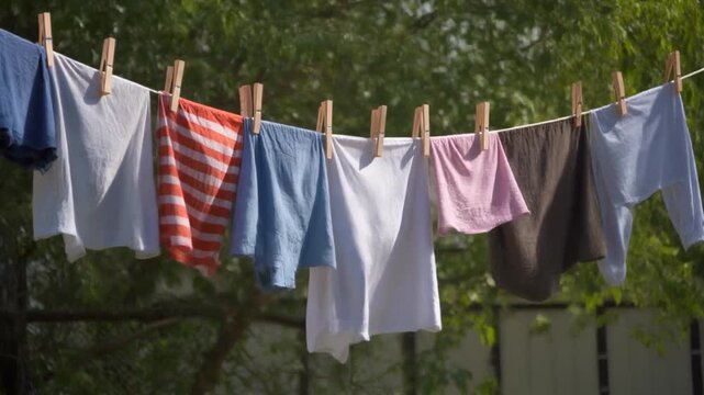 Clothes drying on a clothesline in the sun, hanging out to dry laundry