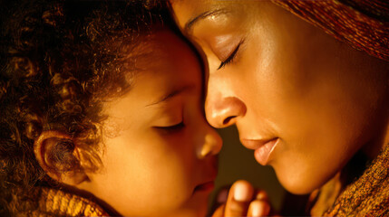 Close up of mother and child with foreheads touching showing tenderness and love warm lighting highlighting their peaceful