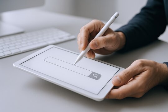 Man uses a stylus to type on a digital tablet, enhancing business operations through technology