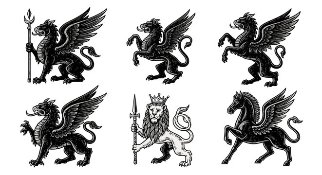 Heraldic Griffin, Pegasus, and Lion Illustration Set