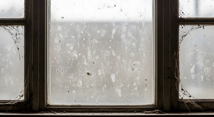 An old window, showing dust and cobwebs with an obscured view beyond