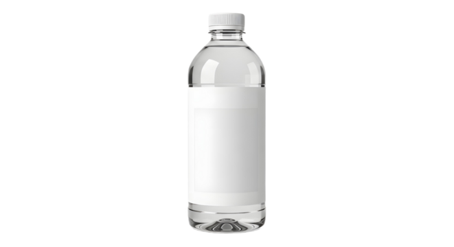 A clear plastic water bottle with a white cap and a white label on a black background is centered