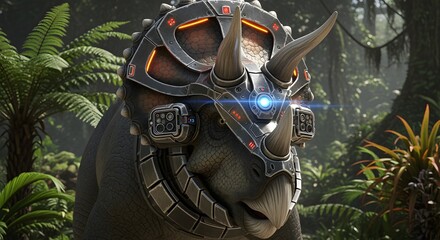 A Futuristic Cybernetic Triceratops in a Jungle Setting. A triceratops with cybernetic enhancements stands amidst a lush jungle, with metal accents and glowing components.
