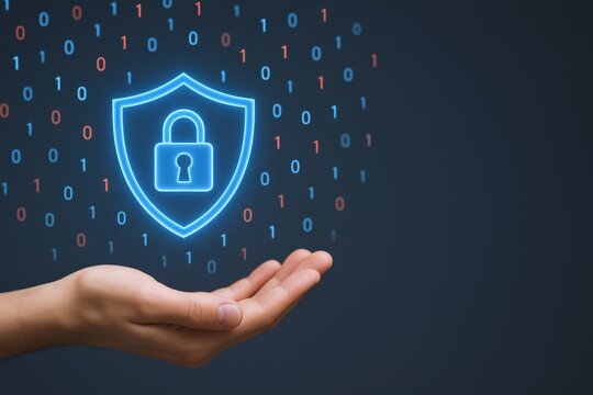 Data protection concept with shield and lock on hand, cybersecurity for business and finance