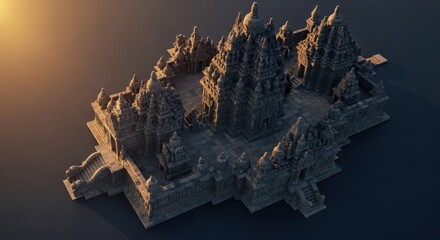 Ancient Hindu Temple Model on Dark Surface with Warm Lighting