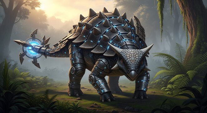 Futuristic Armored Dinosaur with Glowing Tail in Lush Jungle Environment