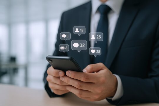 Businessman Engaging with Social Media Notifications on Smartphone, Illustrating Digital Connectivity and Online Communication