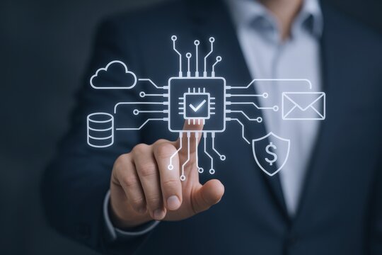 Businessman Interacting with Virtual Data Processing Interface, Highlighting Cloud Computing, Cybersecurity, and Data Management Concepts