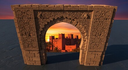 Ancient Stone Archway Architectural Detail with Sunset View of Fortified Palace in Desert Landscape