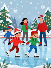 Fototapeta premium Happy family ice skating on an outdoor rink surrounded by snowy Christmas trees