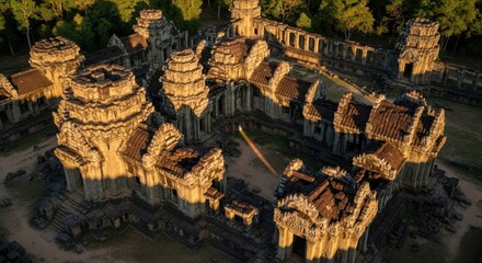 Ancient Stone Temple Ruins Surrounded by Green Forest in Sunset Light